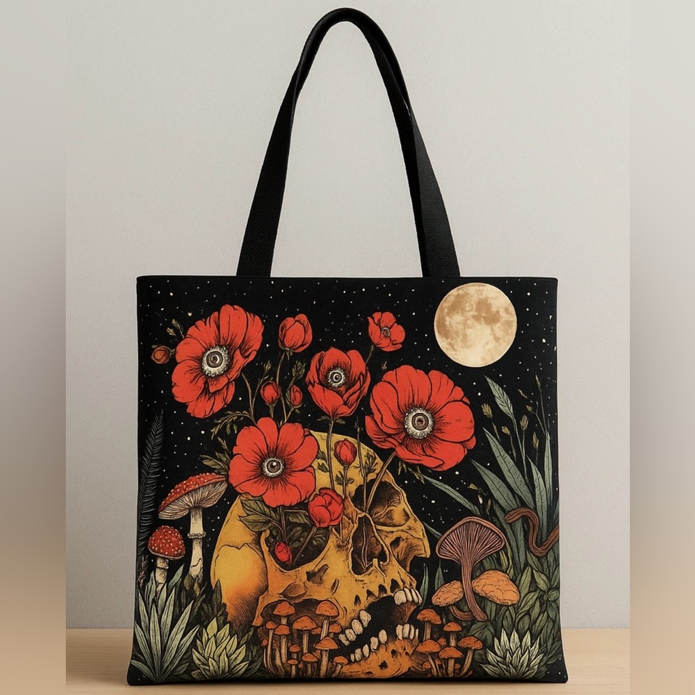 Gothic Skull & Poppies Tote Bag. Reusable Linen Fabric Shoulder Shopping Bag